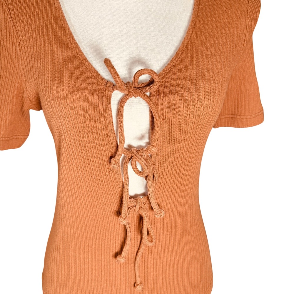 Free People Ribbed Lace Up Tie Front Top Terracotta Brown Short Sleeve Medium - Picture 2 of 12